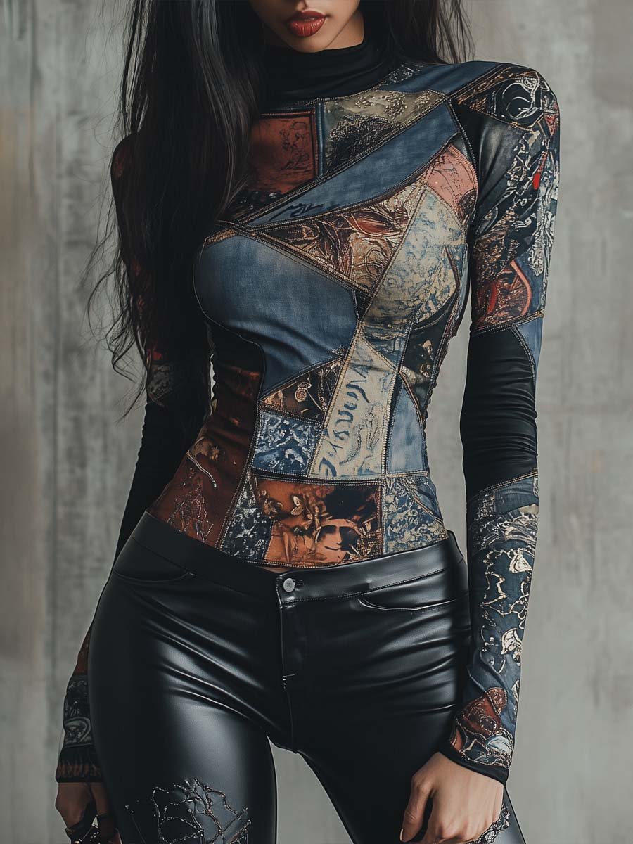 Patchwork Graphic Printed Long-Sleeve T-Shirt