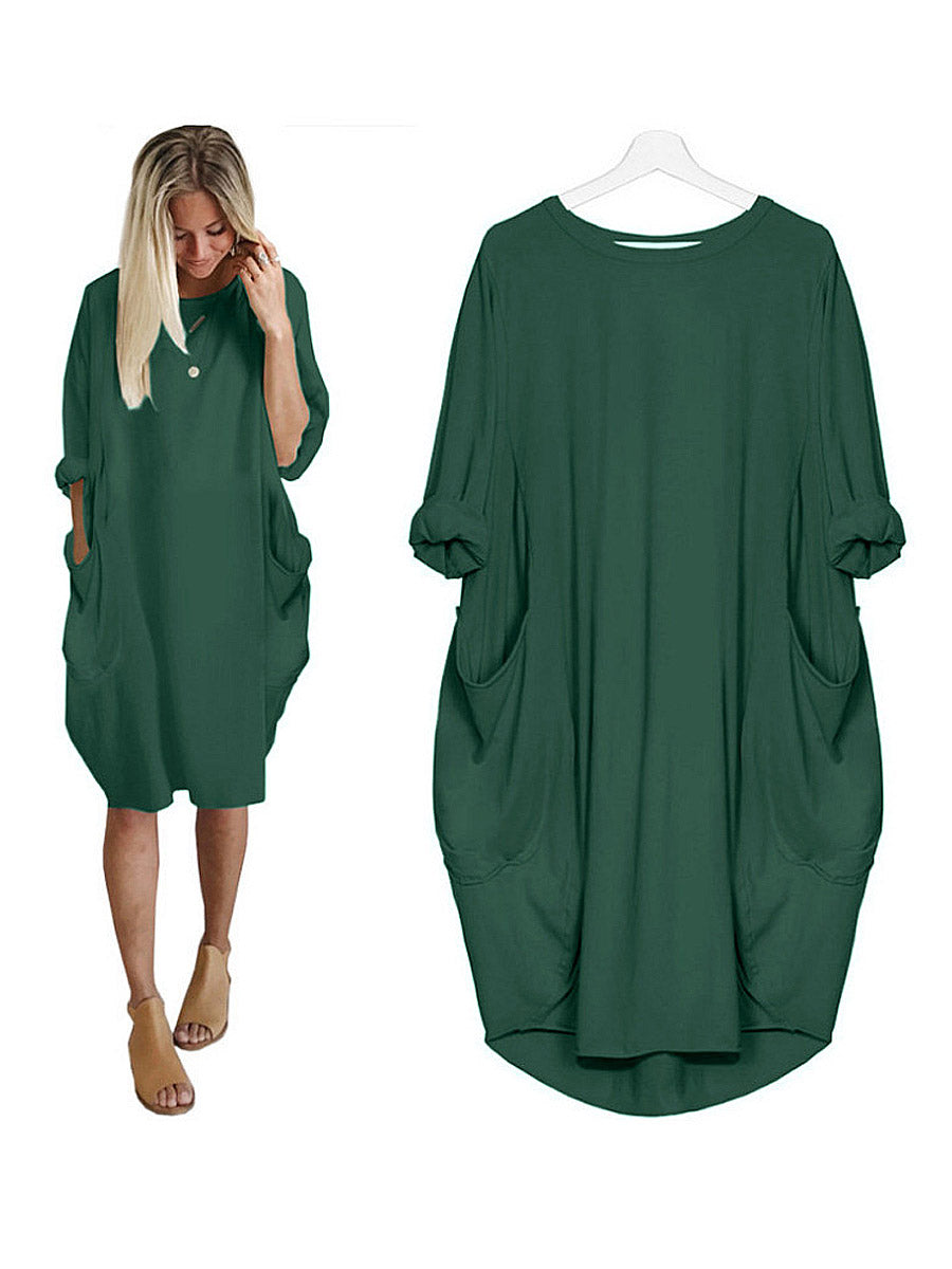 Solid Color Loose Elegant Casual Long-Sleeved Pocket Dress