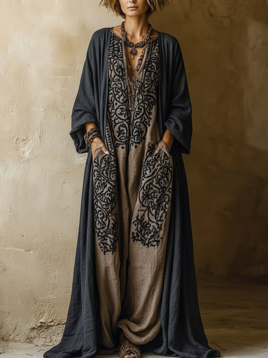 Bohemian Vintage Printed Cotton-Linen Two-Piece Set