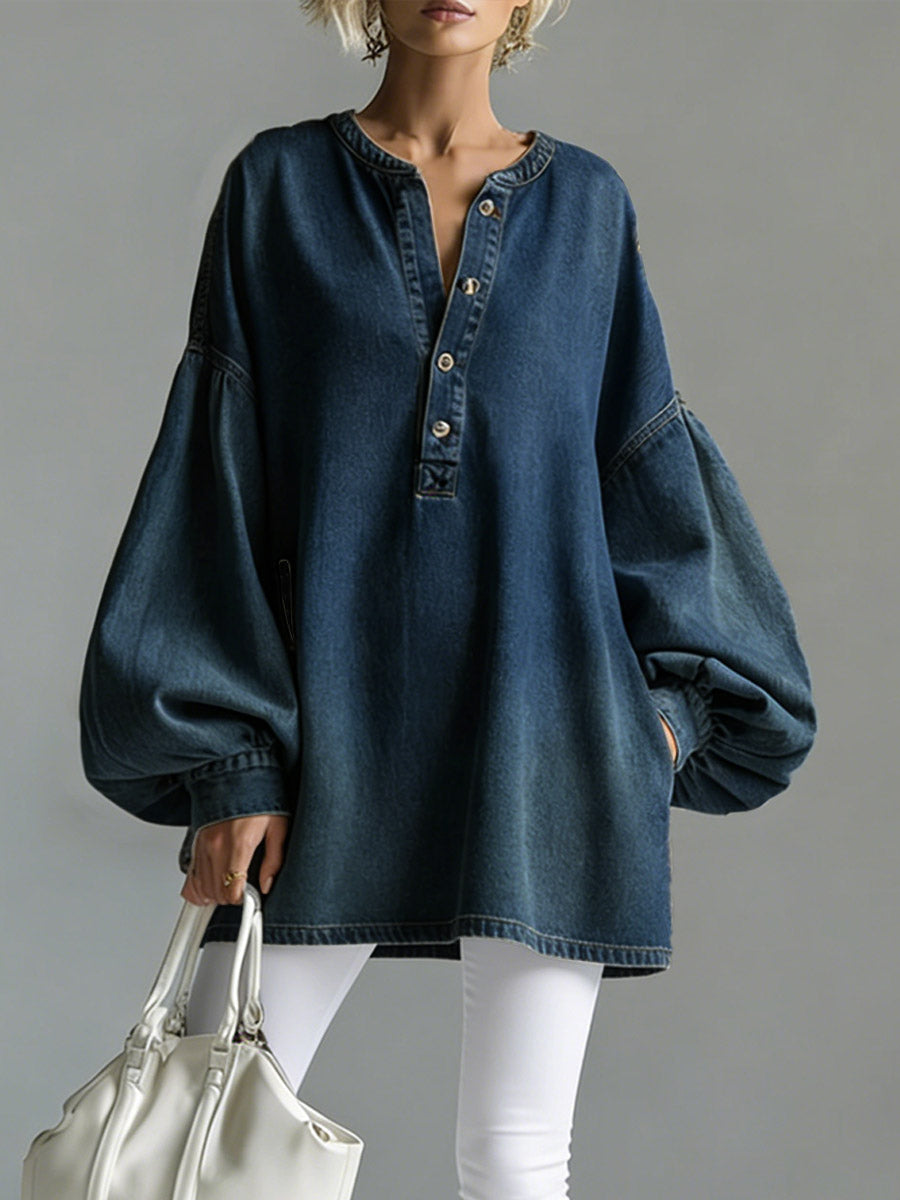 V-Neck Long-Sleeved Casual Loose Denim Top