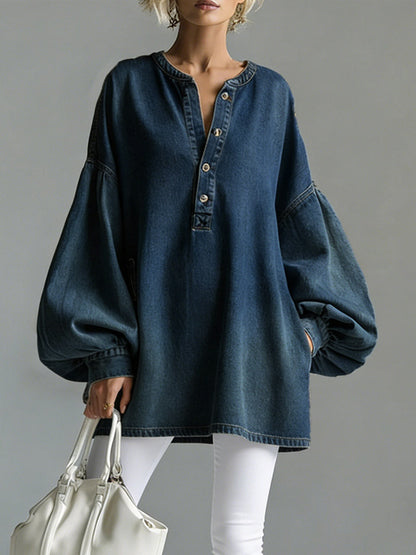 V-Neck Long-Sleeved Casual Loose Denim Top