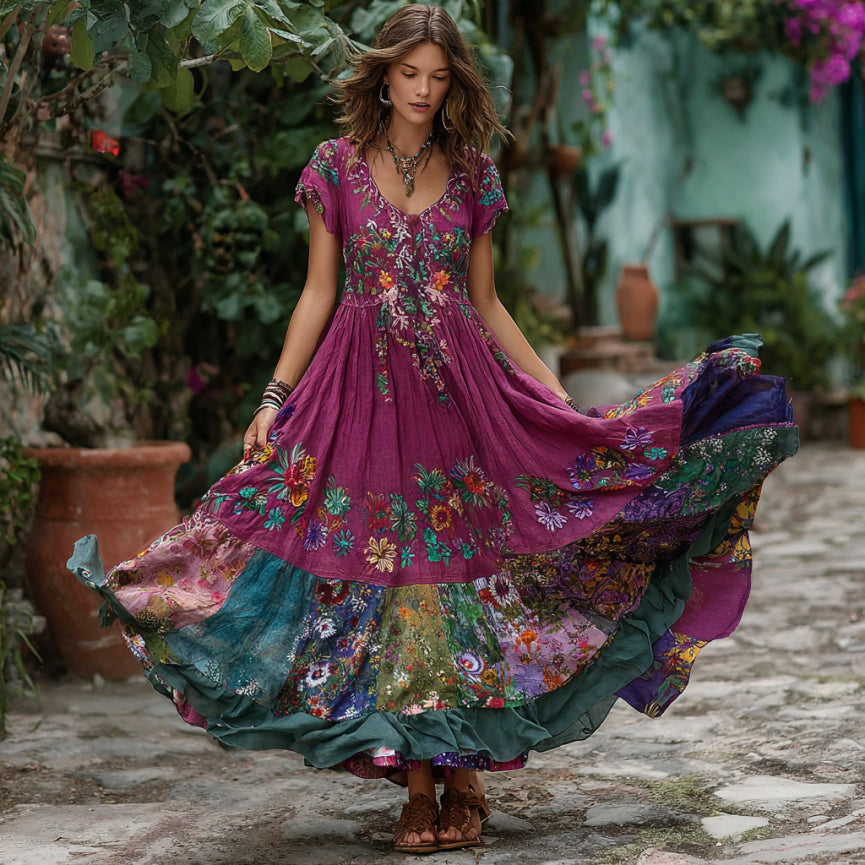 Retro Flower Embroidery Patchwork Art Short-Sleeve Maxi Dress