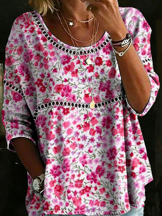 Vintage Flower Casual Loose Denim Blouse Shirt