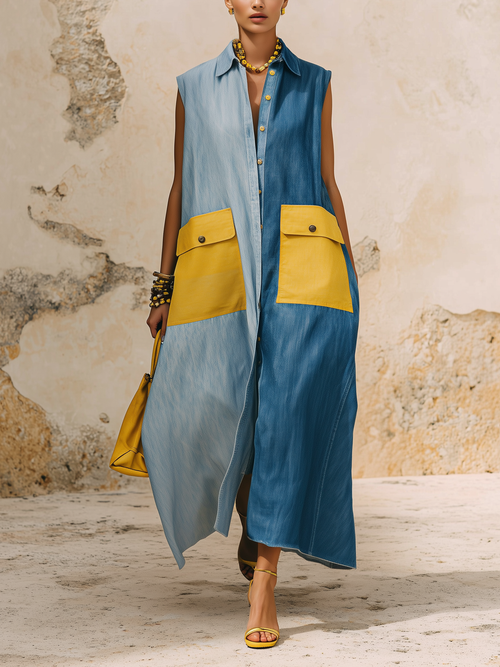 Oversized Colorblock Denim Sleeveless Maxi Shirt Dress with Statement Pockets