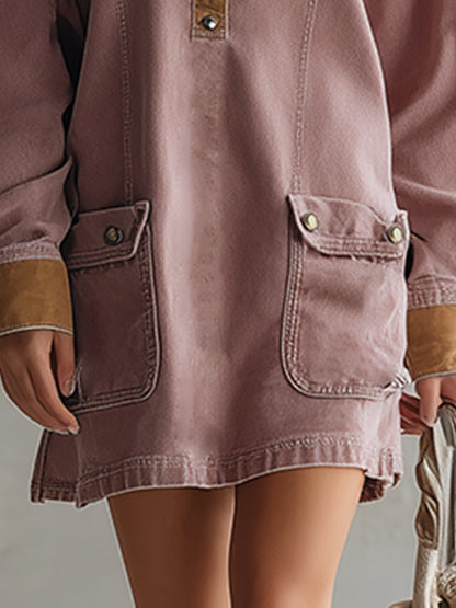 Casual Retro Color-Blocked Denim Trim Pink Denim Pocket Mini Dress