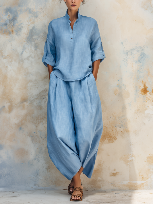 Light Blue Denim Loungewear Set, Half Sleeve Top and Wide-Leg Pants 2 Piece Outfit