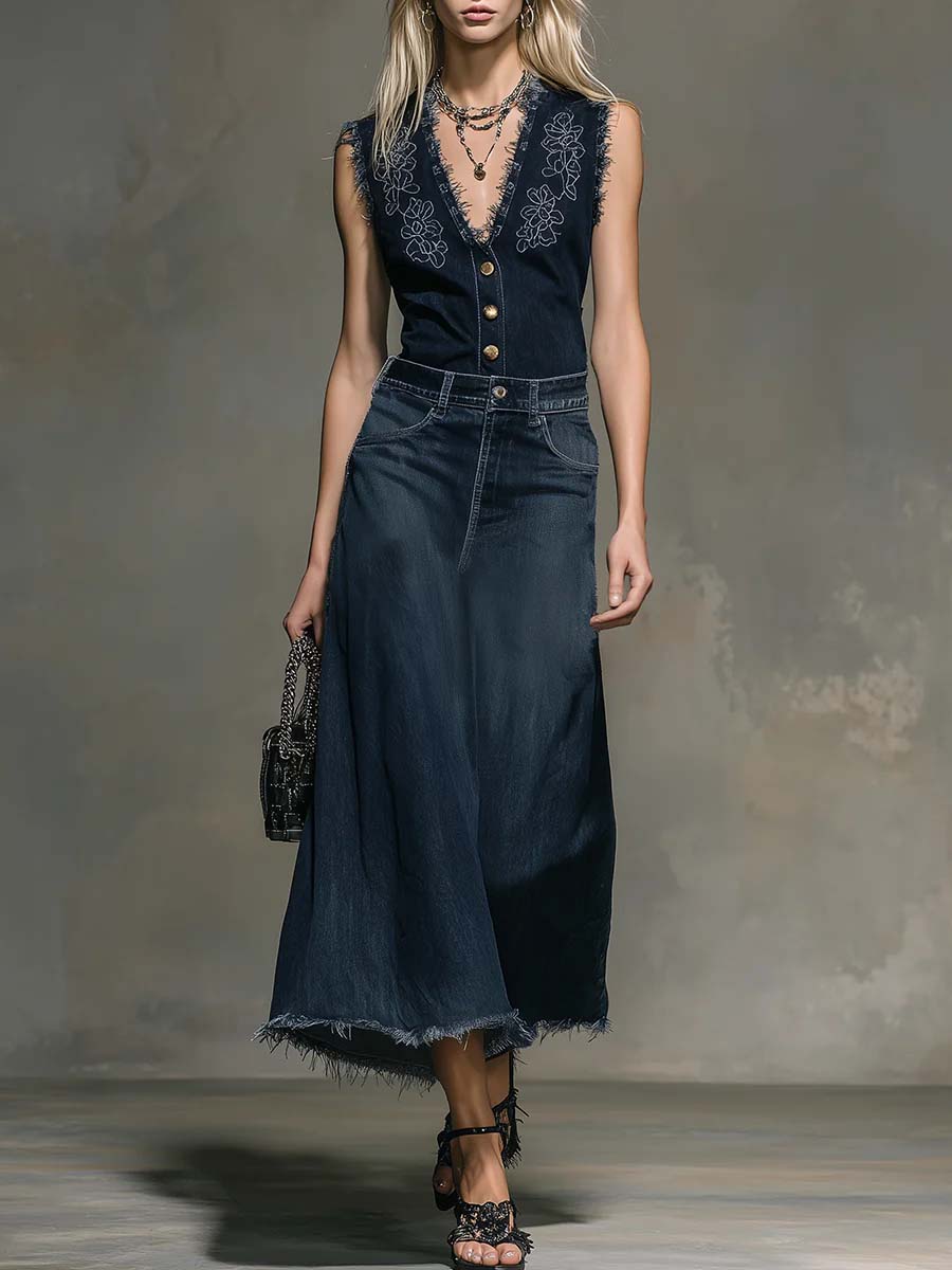 V-Neck Sleeveless Denim Top and High-Waisted Casual Loose Denim Skirt Set