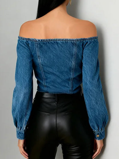 Off-The-Shoulder Long-Sleeved Loose-Fitting Denim Top