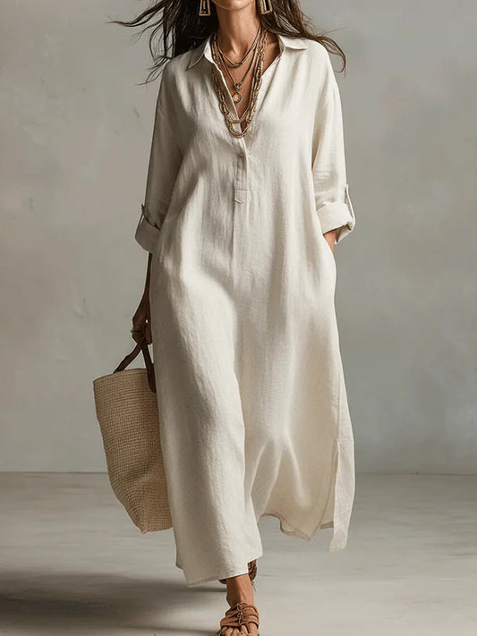 Solid Color Art Casual Fashion Cotton Linen Maxi Dress