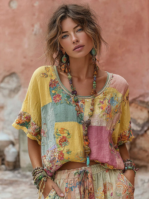 Bohemian Floral Embroidery Patchwork Art Round Neck Linen Blend T-Shirt