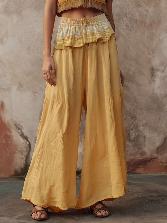 Yellow High Waist Ruffle Trim Wide-Leg Pants