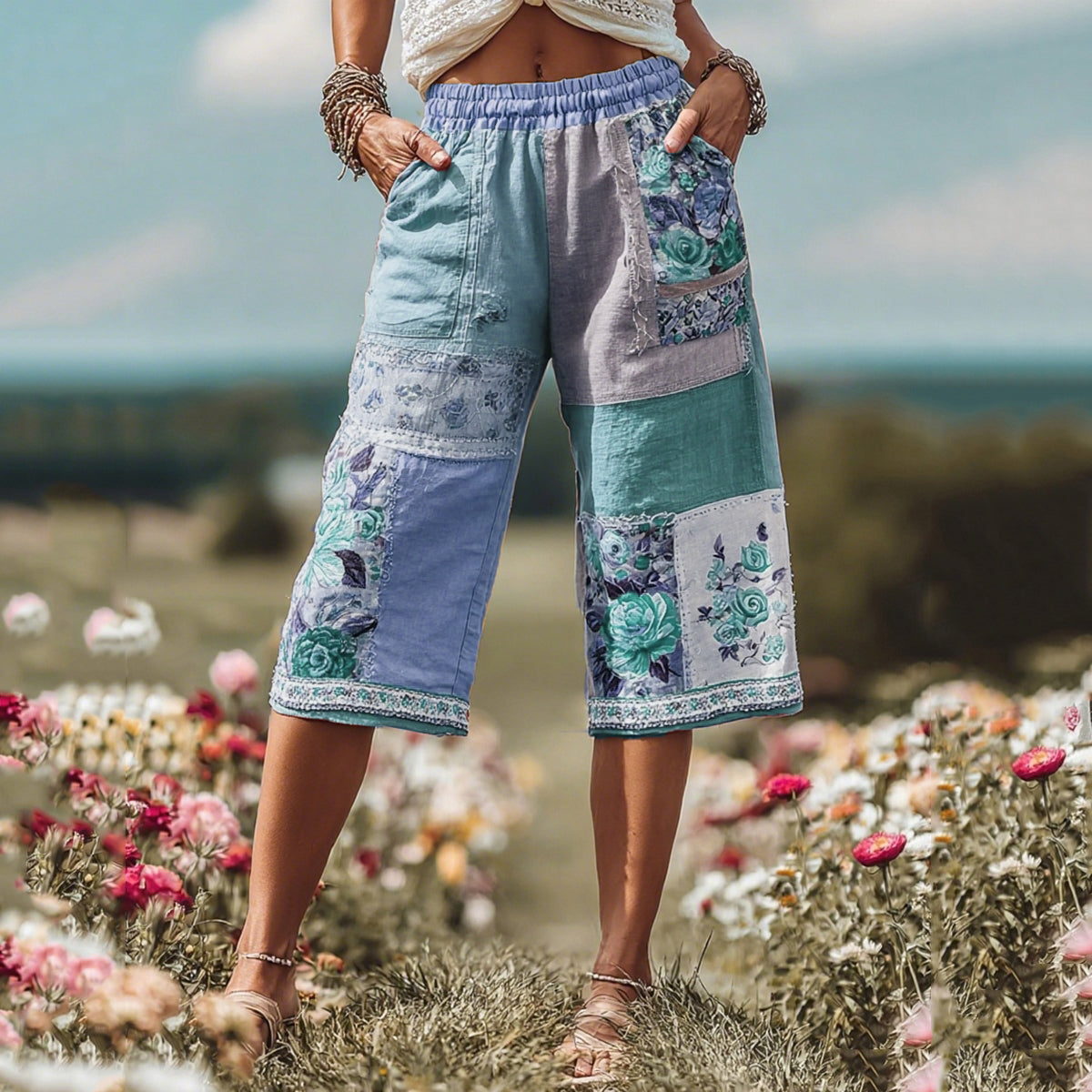 Patchwork Rose Floral Contrast Waist Elastic Pocket Shorts