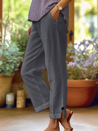 Cotton-Linen Solid Color Elastic Waist Pockets Straight Leg Loose-Fit Casual Trousers
