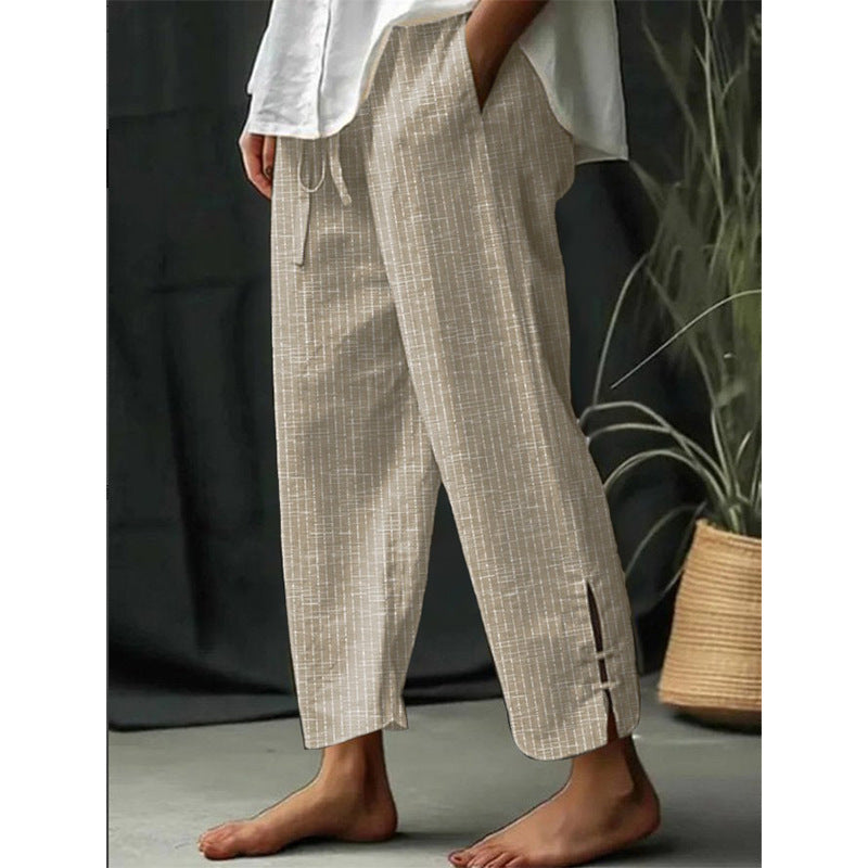 Vintage Stripe Art Printed Cotton and Linen Casual Pants