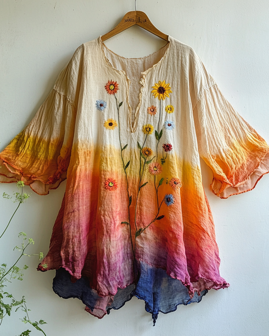Rainbow Linen Ruffle Daisy Embroidery Irregular T-Shirt 472d