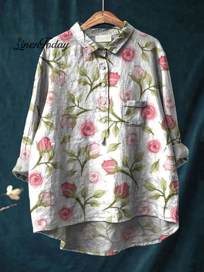 Rose Flower Print Casual Cotton and Linen Shirt