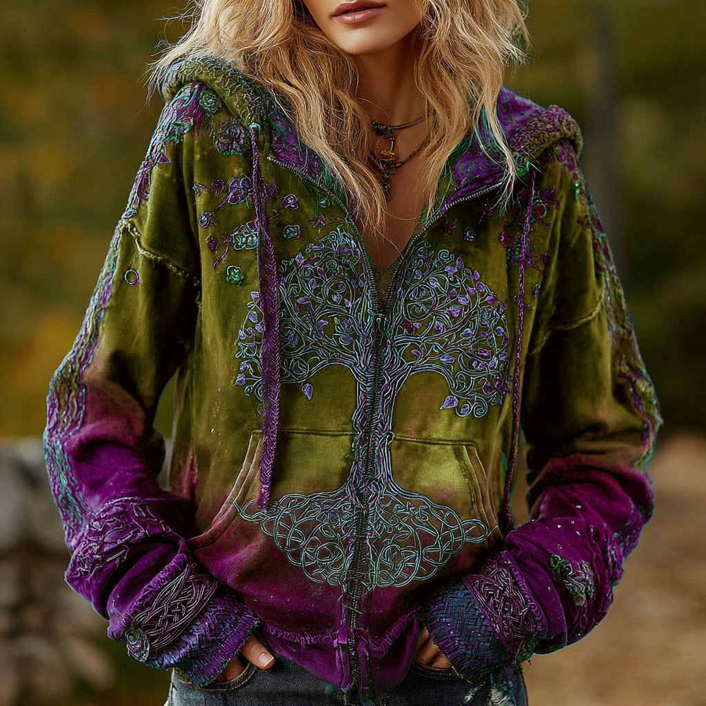 Vintage Viking Tree of Life Cozy Warm Zip Hoodie Cardigan