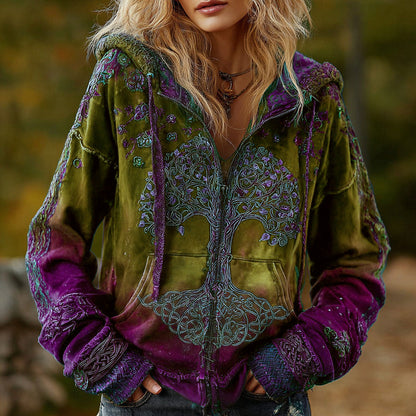 Vintage Viking Tree of Life Cozy Warm Zip Hoodie Cardigan