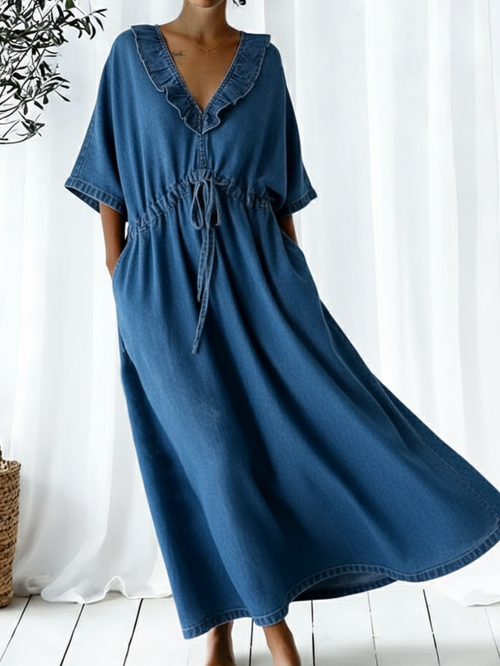 Casual Retro Ruffled Collar Loose Denim Dress