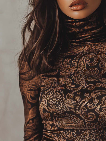 Retro Turtleneck Paisley Long-Sleeve T-Shirt