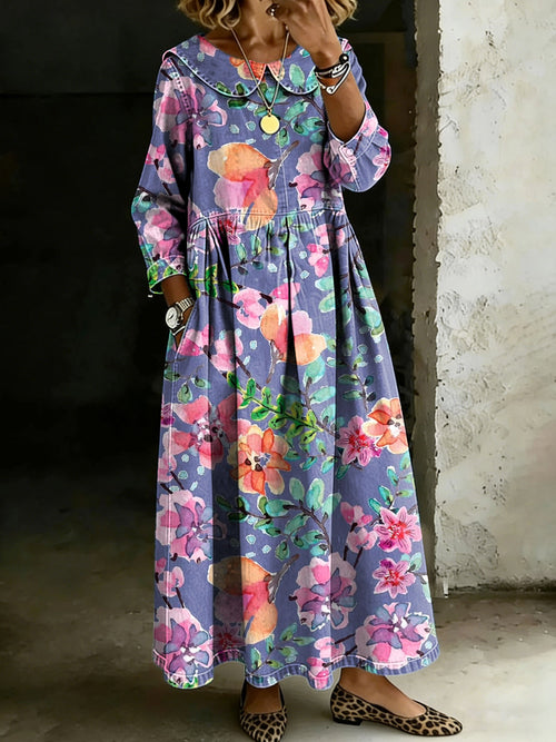 Vintage Flower Peter Pan Collar Long-Sleeved Casual Loose Denim Dress