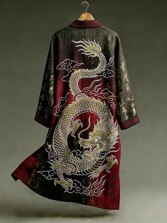 Retro Dragon with Calligraphy Pattern Contrast Color Design Casual Kimono
