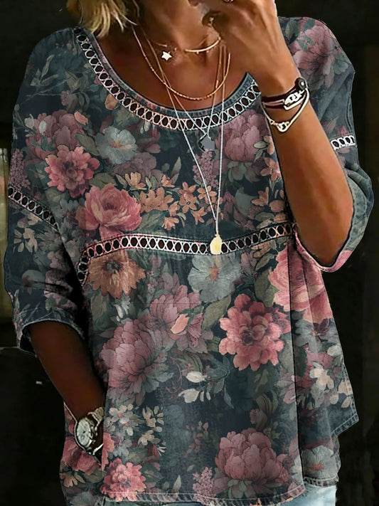Vintage Multicolor Ethnic Floral Art Casual Loose Denim Blouse Shirt