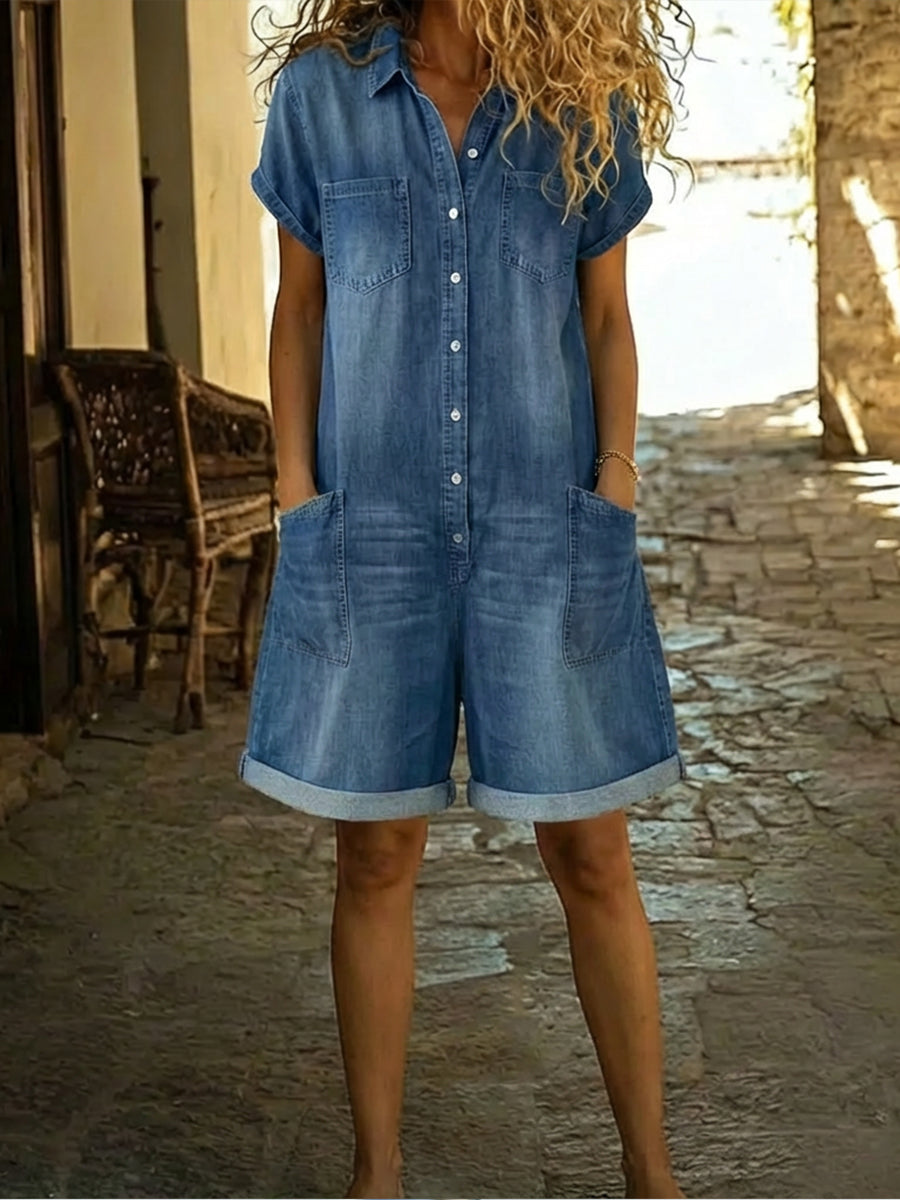 Casual Cotton Denim Jumpsuit Shorts