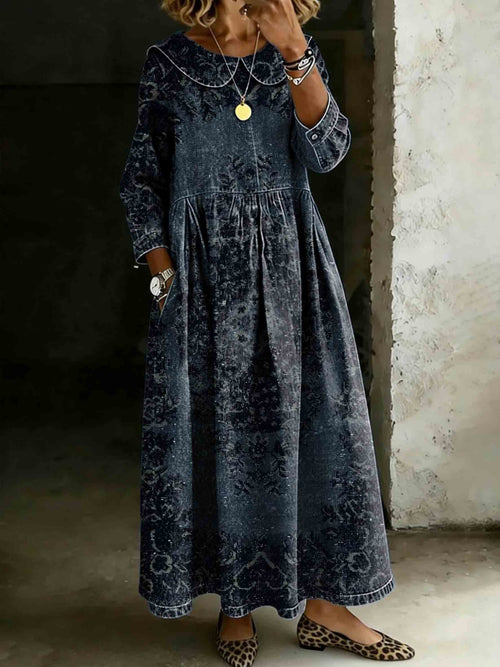 Vintage Mandala Symmetrical Art Print Lapel Collar Pleated Long-Sleeve Casual Loose Denim Dress