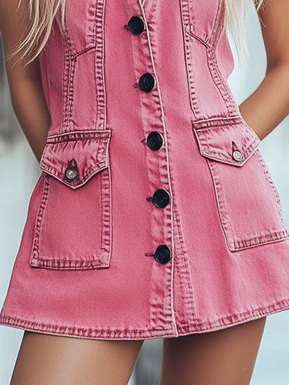 [24-Hour Shipping Out]chic Pink Denim Button Front Sleeveless Mini Dress