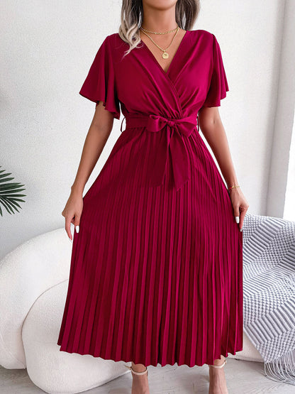 Casual Cross V-Neck Ruffled Pleated Dress