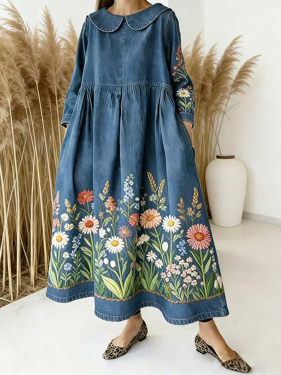 Retro Floral Peter Pan Collar Long-Sleeved Loose-Fitting Casual Denim Dress