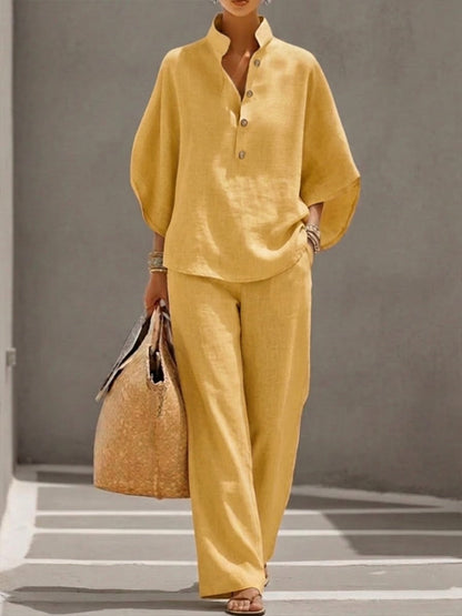 Batwing Sleeve Linen Cotton Two-Piece Set with Casual Shirt and Wide-Leg Pants Outfit