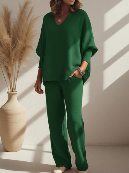 Cozy Solid Color V-Neck Knit Top and Pants Two-Piece Set