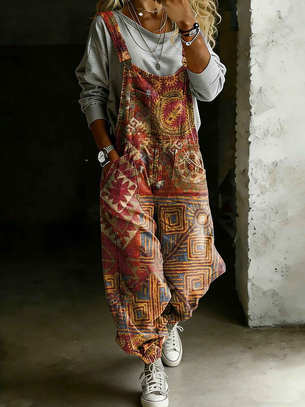 Vintage Abstract Ethnic Art Print Casual One Piece Denim Jumpsuit