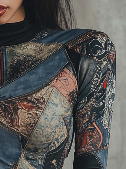 Patchwork Graphic Printed Long-Sleeve T-Shirt