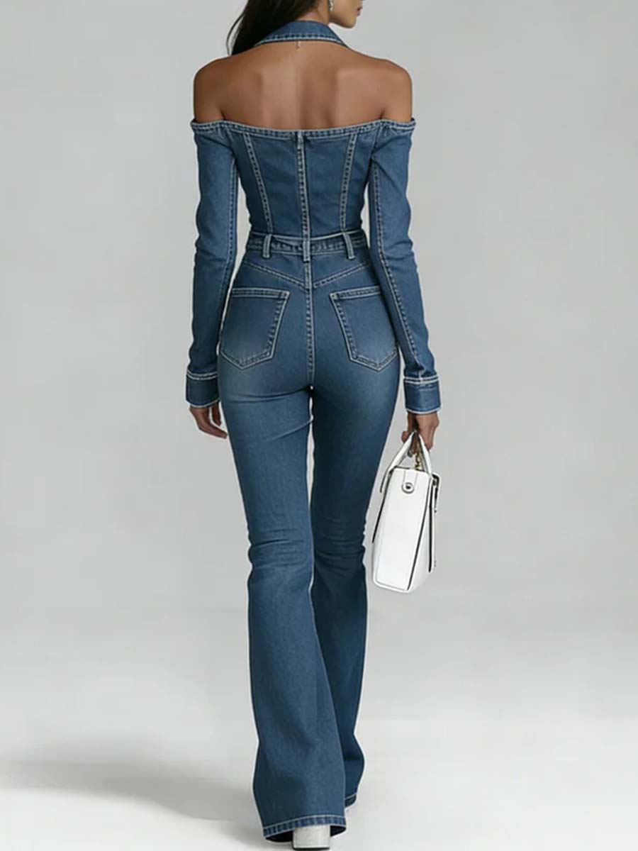 Lapel Long-Sleeved Casual Slim-Fit Denim Jumpsuit