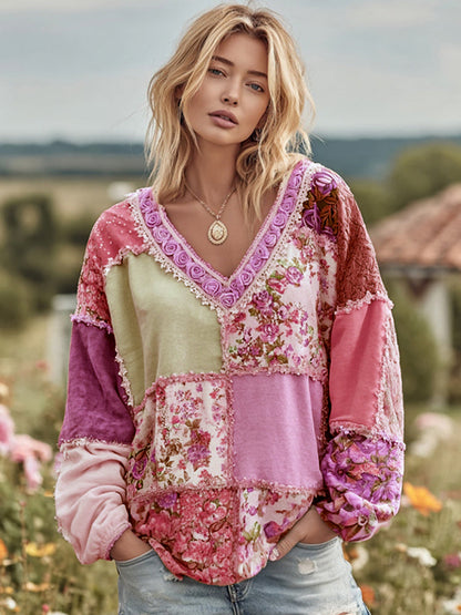 Vintage Floral Patchwork Art Cozy Warm Sweatshirt