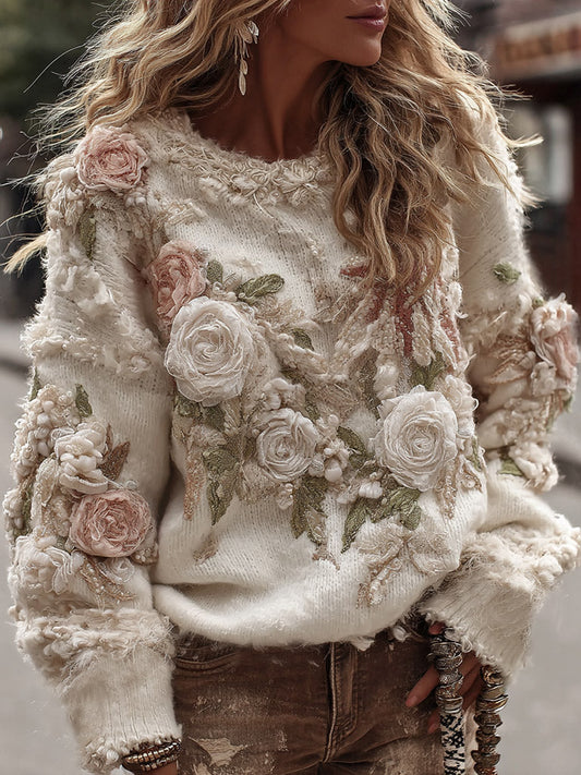Vintage Romantic White Rose Embroidery Art Long-Sleeve Round-Neck Sweater