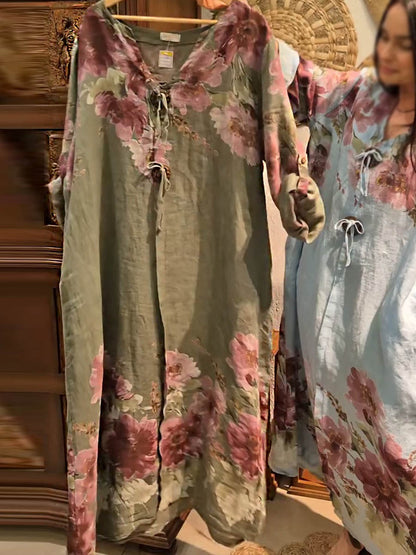 V-Neck Long-Sleeve Vintage Positioning Print Casual Loose Cotton and Linen Dress