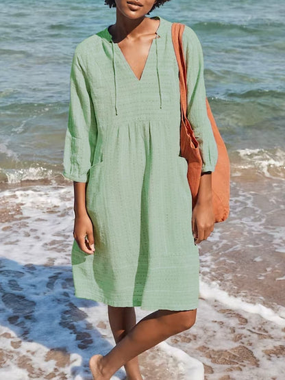 Solid Color Loose Elegant Casual V-Neck Pocket Cotton and Linen Dress