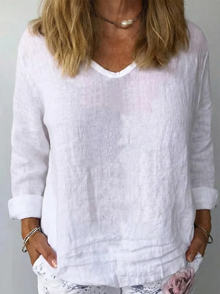 V-Neck Long-Sleeved Cotton and Linen Top