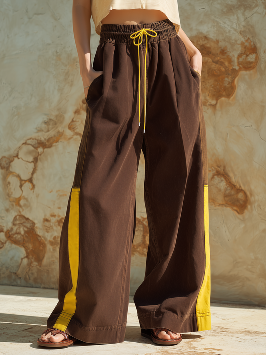 Colorblock Wide-Leg Pants Elastic Drawstring Waist