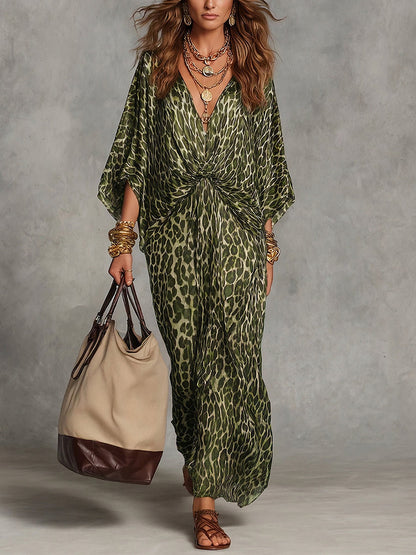 Retro-Sexy Animal Print V-Neck Loose-Fit Dress