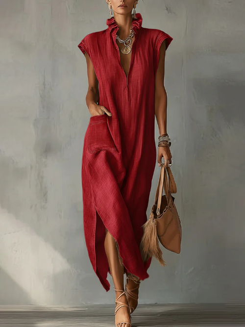 Ruffle Collar Cotton Linen Midi Dress with Elegant Summer Dress