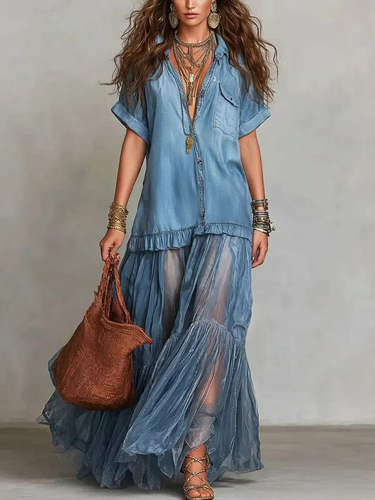 Retro Lapel Denim Organza Patchwork Art Casual Maxi Dress