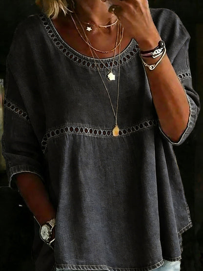 Solid Color Casual Loose Denim Blouse Shirt