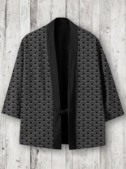 Sea Waves Classic Japanese Pattern Linen Blend Kimono Cardigan