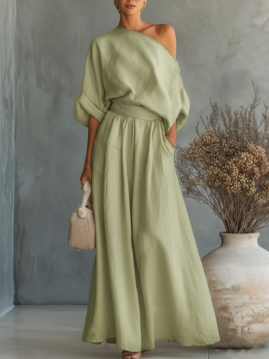 Elegant Off-the-Shoulder Shirt and Wide-Leg Pants Two-Piece Set