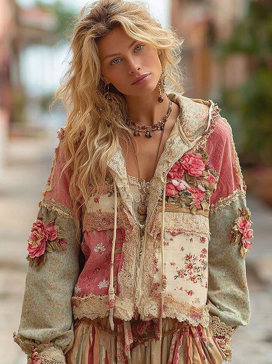 Floral Embroidery Colorblock Boho Casual Zip-Up Hoodie